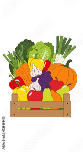 A vibrant assortment of fresh organic vegetables and fruits in a wooden crate showcasing a healthy harvest.