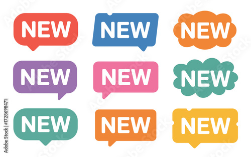 Collection of nine vibrant "new" product announcement speech bubbles vector icons silhouette vector illustration white background