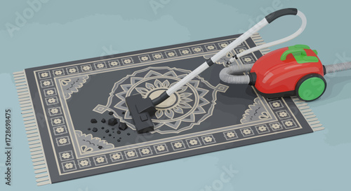 A red vacuum cleaner is cleaning a gray rug with a pattern on a light blue floor.