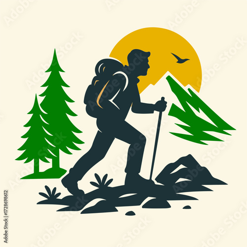 Hiker with Trekking Poles — Mountain Trail Walking in Pine Forest (Vector)