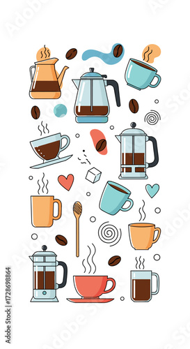 A delightful collection of coffee making tools and beverages for your morning routine.