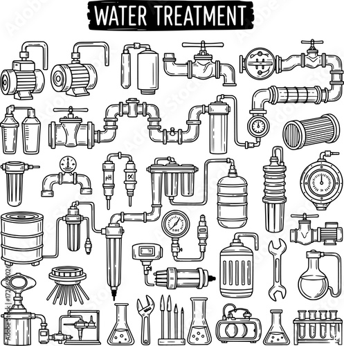 Hand-drawn Water Treatment Doodle Set: Industrial Filtration Equipment, Pumps, Valves, Pipes, Gauges, and Laboratory Tools on White Background