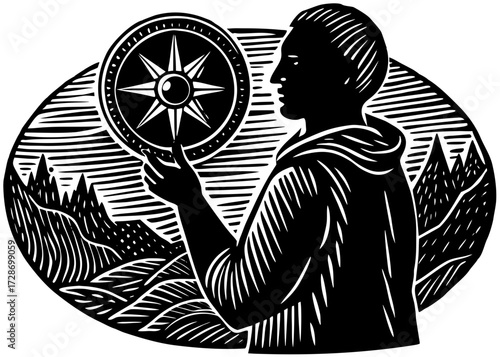 Compass In Hand Silhouette, Columbus Day Journey SVG, PNG