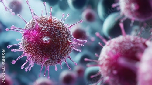 T Cells Attacking Cancer Cells, 3D Illustration, Immune Response and Cancer Treatment.