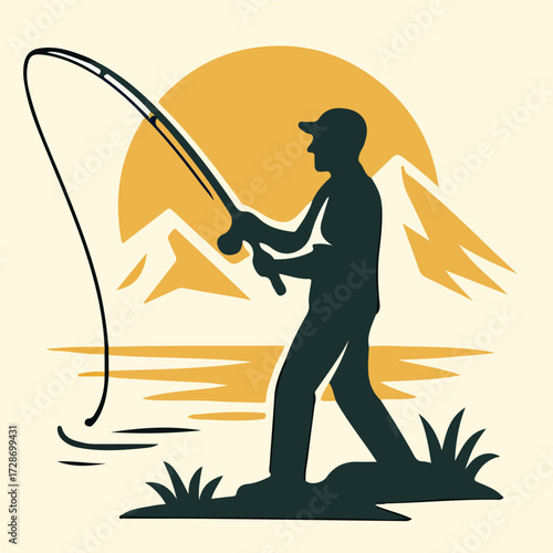 Man Fishing at Lake — Casting Rod with Mountain Sunset Vector