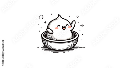 Cute dough character in bowl illustration, representing ice cream and dessert 