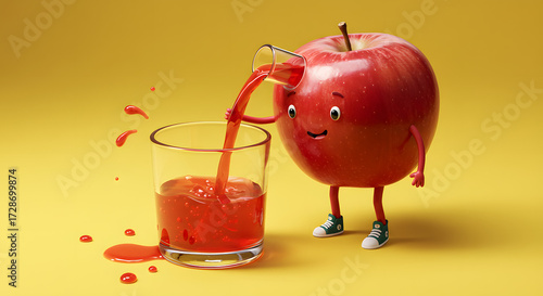Whimsical Cartoon Apple Character Pouring Its Own Juice into a Glass