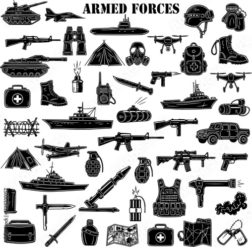 Military and Armed Forces Equipment, Weapons, Vehicles, and Gear Icon Set - Black and White Silhouettes
