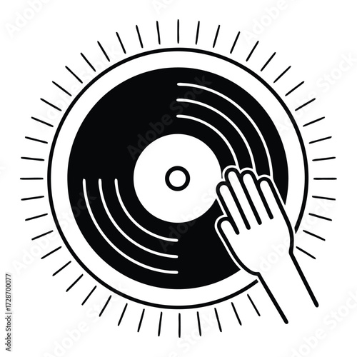 Dj hand adjusting vinyl record on turntable with sunburst effect music production icon 