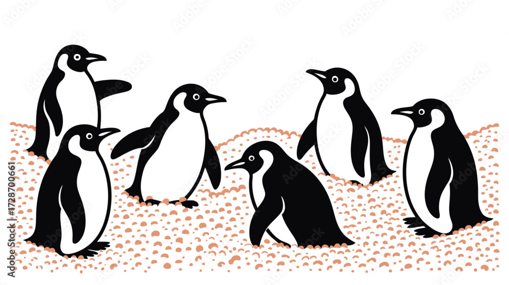 Obraz premium A group of six penguins standing on a textured surface with a white background illustration style