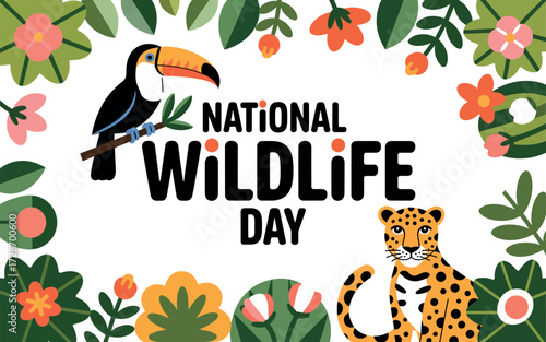 Celebrate National Wildlife Day with vibrant jungle animals and floral border
