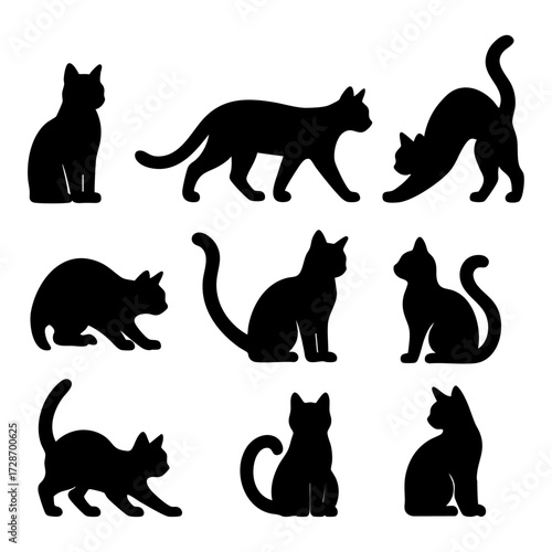 Cat silhouettes set with multiple poses