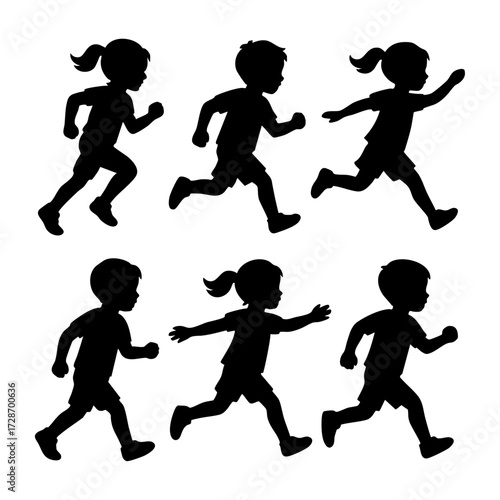 Running children silhouettes set of six figures