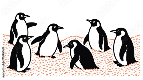 A group of six penguins standing on a textured surface with a white background illustration style