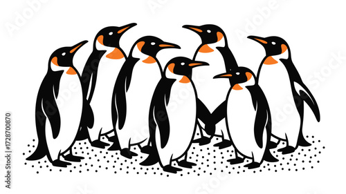 A stylized illustration of a group of penguins standing together on a dotted surface design art