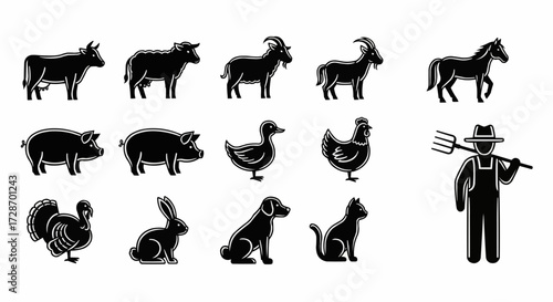 Collection of farm animal icons featuring livestock, poultry, and pets. Includes vector silhouettes of a cow, pig, horse, chicken, and farmer for agricultural design