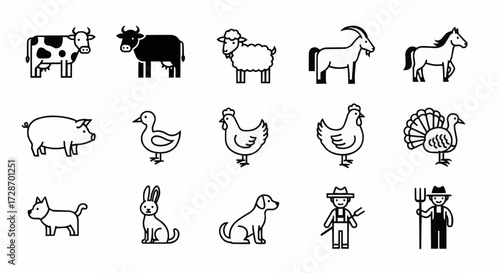 Farm Animals Icon Set Black and White Outline Illustrations