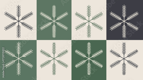 Pattern of snowflakes arranged on a checkered background with alternating colors and orientations