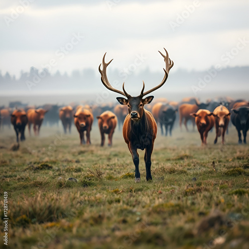 Fantastic pursuit of a deer. Huge herd of cattle in Sweden