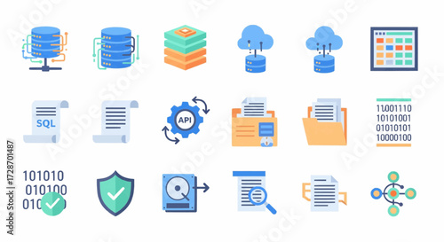 A comprehensive collection of flat design icons illustrating concepts of database management, cloud computing, data security, and API integration