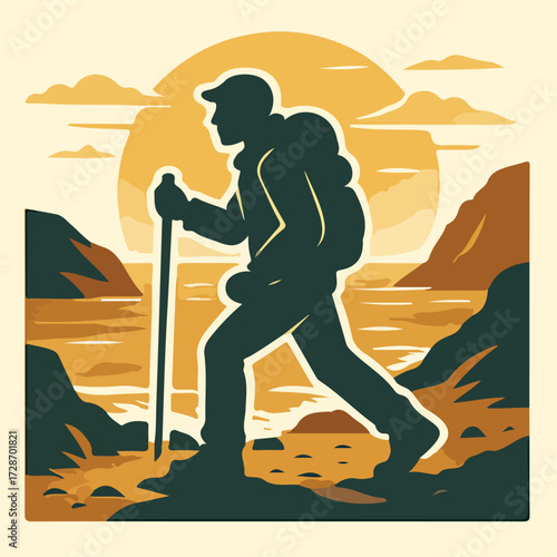 Sunrise Hike — Trekker with Walking Stick in Golden Landscape (Vector)