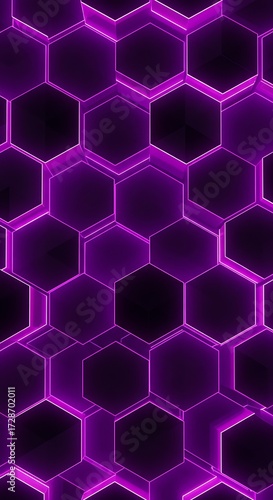 Dynamic purple honeycomb pattern with glowing neon lines, perfect for tech backgrounds and futuristic designs