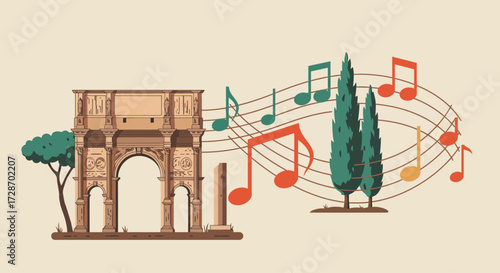 A creative flat design illustration where colorful musical notes playfully weave around iconic Roman landmarks, symbolizing the city's embrace of jazz.