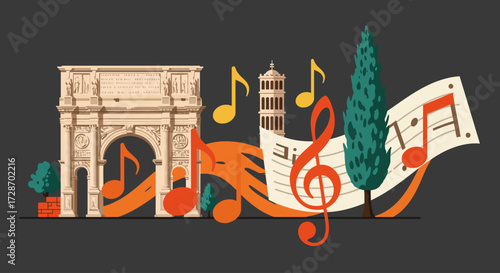 A creative flat design illustration where colorful musical notes playfully weave around iconic Roman landmarks, symbolizing the city's embrace of jazz.