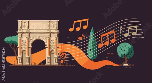 A creative flat design illustration where colorful musical notes playfully weave around iconic Roman landmarks, symbolizing the city's embrace of jazz.