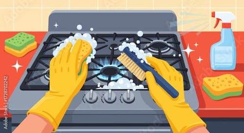Illustration of hands in yellow gloves cleaning a gas stovetop with a soapy sponge and brush, with other cleaning supplies nearby.