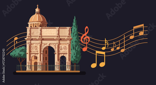A creative flat design illustration where colorful musical notes playfully weave around iconic Roman landmarks, symbolizing the city's embrace of jazz.