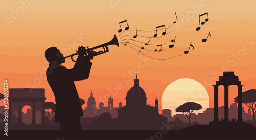 A captivating flat design illustration featuring the silhouette of a jazz trumpet player, serenading the Roman skyline at sunset with musical notes.