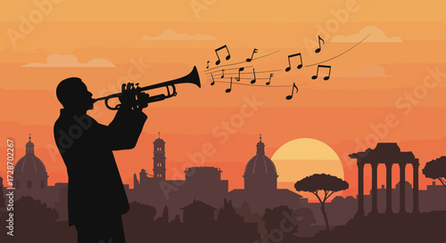 A captivating flat design illustration featuring the silhouette of a jazz trumpet player, serenading the Roman skyline at sunset with musical notes.