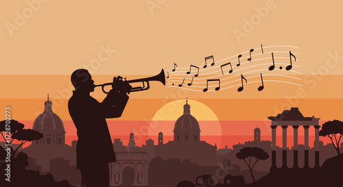 A captivating flat design illustration featuring the silhouette of a jazz trumpet player, serenading the Roman skyline at sunset with musical notes.
