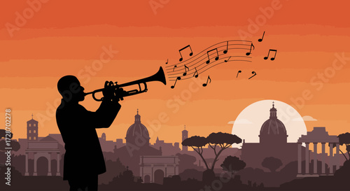 A captivating flat design illustration featuring the silhouette of a jazz trumpet player, serenading the Roman skyline at sunset with musical notes.