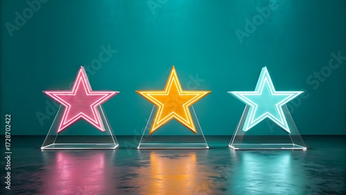 Glowing neon stars in pink orange and blue colors on dark background
