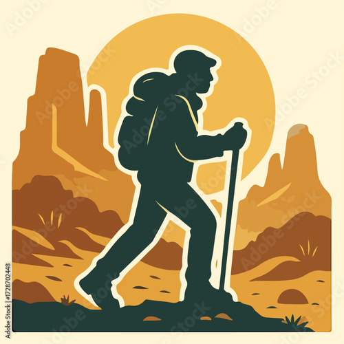 Hiker in Desert Canyon at Sunrise — Adventure Trekking Poster (Vector)