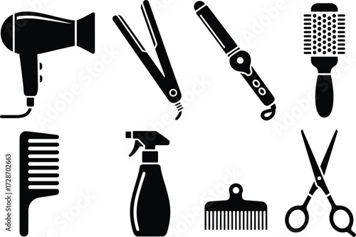 Collection of Hair Styling Tools Icons Including Comb, Scissors, Hair Dryer, Curling Iron, and More for Beauty Design