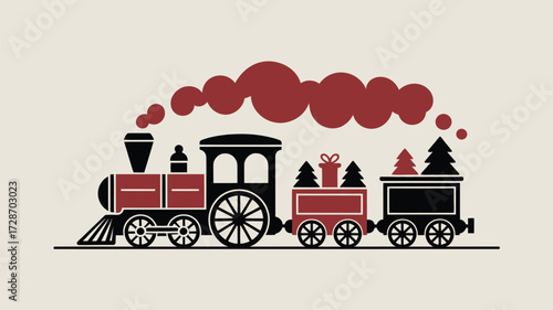 A festive christmas train with trees and a gift on the wagons in a stylized vector illustration