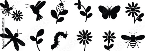 Nature silhouette icons of insects, birds, flowers, and plants for biodiversity, environment, garden, and eco-friendly graphic design projects