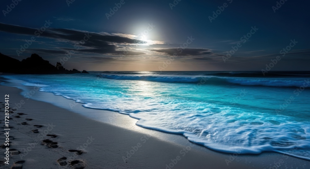 Obraz premium Serene moonlight beach with gentle waves reflecting radiant light