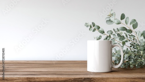 A minimalist mockup of a blank white mug on a wooden surface, surrounded by soft eucalyptus foliage against a clean white wall.