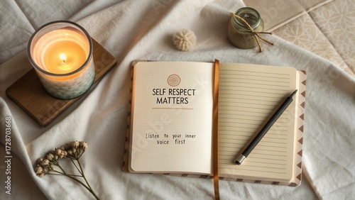 Opened journal titled Self Respect Matters with candle nearby