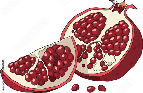 Pomegranate Fruit Illustration. Fresh Pomegranate Design. Realistic Pomegranate Artwork. Juicy Pomegranate Illustration. Whole and Half Pomegranate Design. Organic Pomegranate Artwork