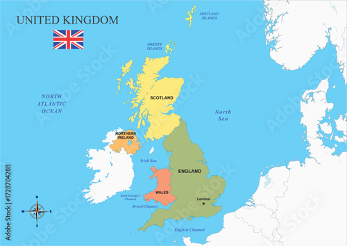 UK Map with Colored States Borders, Map of United Kingdom on Blue Background