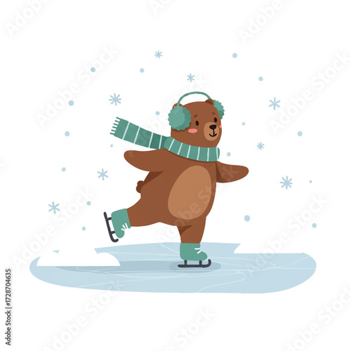 A cute bear gracefully ice skates on a smooth frozen pond, wearing a cozy scarf and warm earmuffs amidst subtle snowdrifts, presented as a vibrant flat 2D vector illustration.