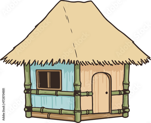 Illustration of a small hut with a thatched roof and bamboo structure against a white background.