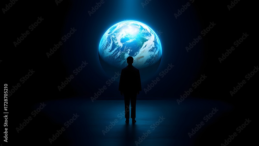 Fototapeta premium Man standing before illuminated earth sphere in a dark space with blue lighting