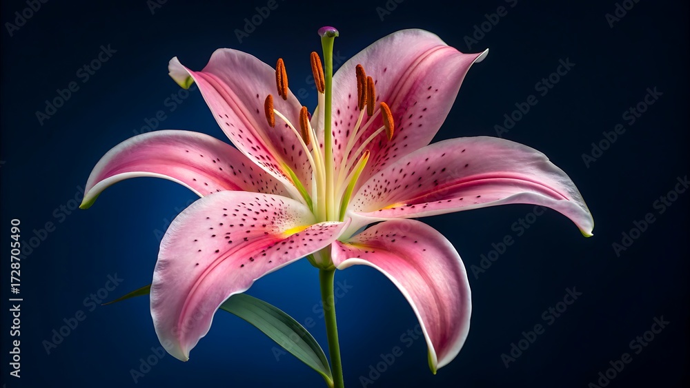 Naklejka premium Beautiful pink lily flower close up on dark blue background