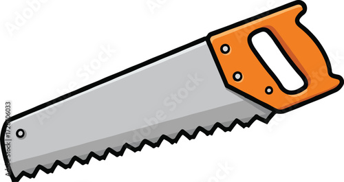 Illustration of a handsaw with an orange handle and gray blade on a white background.